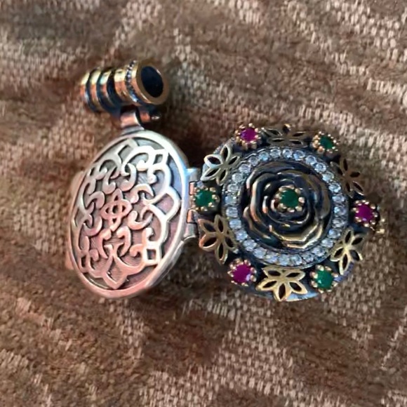 Ruby Emerald Topaz Silver Locket Pendant Celtic Infinity Knots, Lotus & Rose - Picture 11 of 11